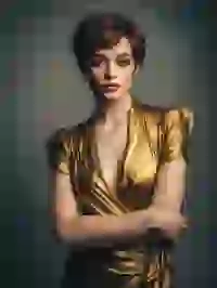 beautiful-short-haired-woman-in-golden-dress Portrait of a woman with short hair in golden deep V-neck dress posing in front of the camera. Template for Undress AI.
