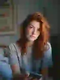 red-haired-woman-in-gray-shirt Portrait of a woman with red wavy hair in short sleeve T-shirt sitting in a bedroom with a black ohone in her hand. Template for Undress AI.