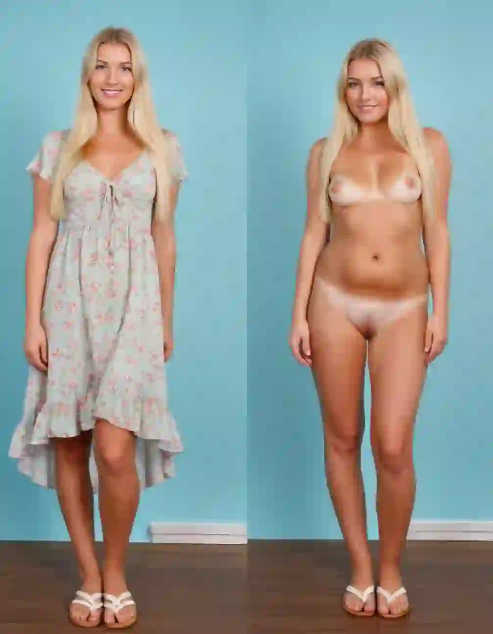 A combined image showing a blonde woman in two versions: one where she is standing and wearing a green floral dress, and another where she is shown in a full-body nude pose.
