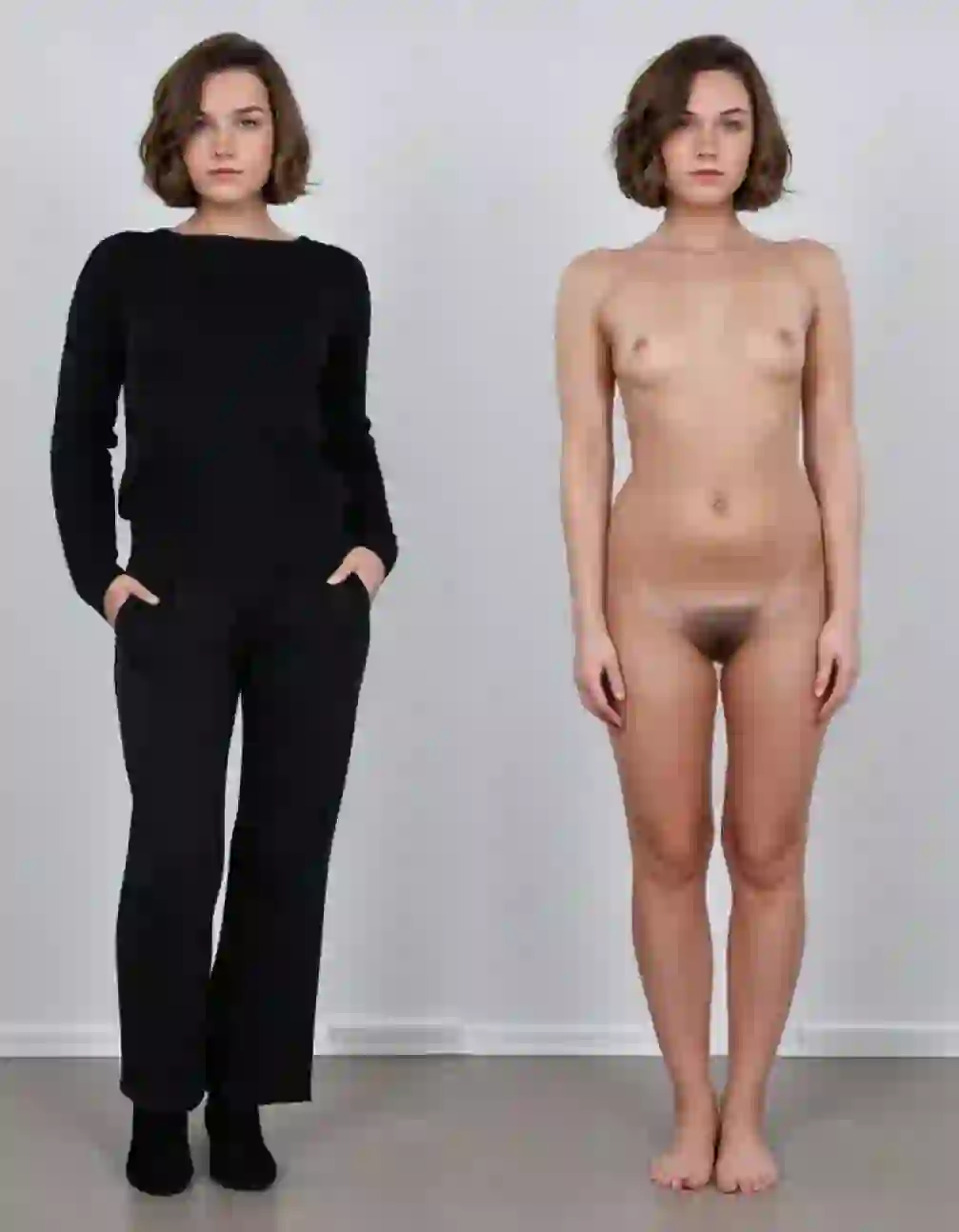 A combined image showing a woman with brown wavy hair in two versions: one where she is standing and wearing an all black outfit, and another where she is shown in a full-body nude pose.