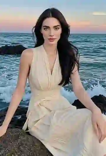 A black-haired woman in beige sleeveless dress posing on a rock by the sea.