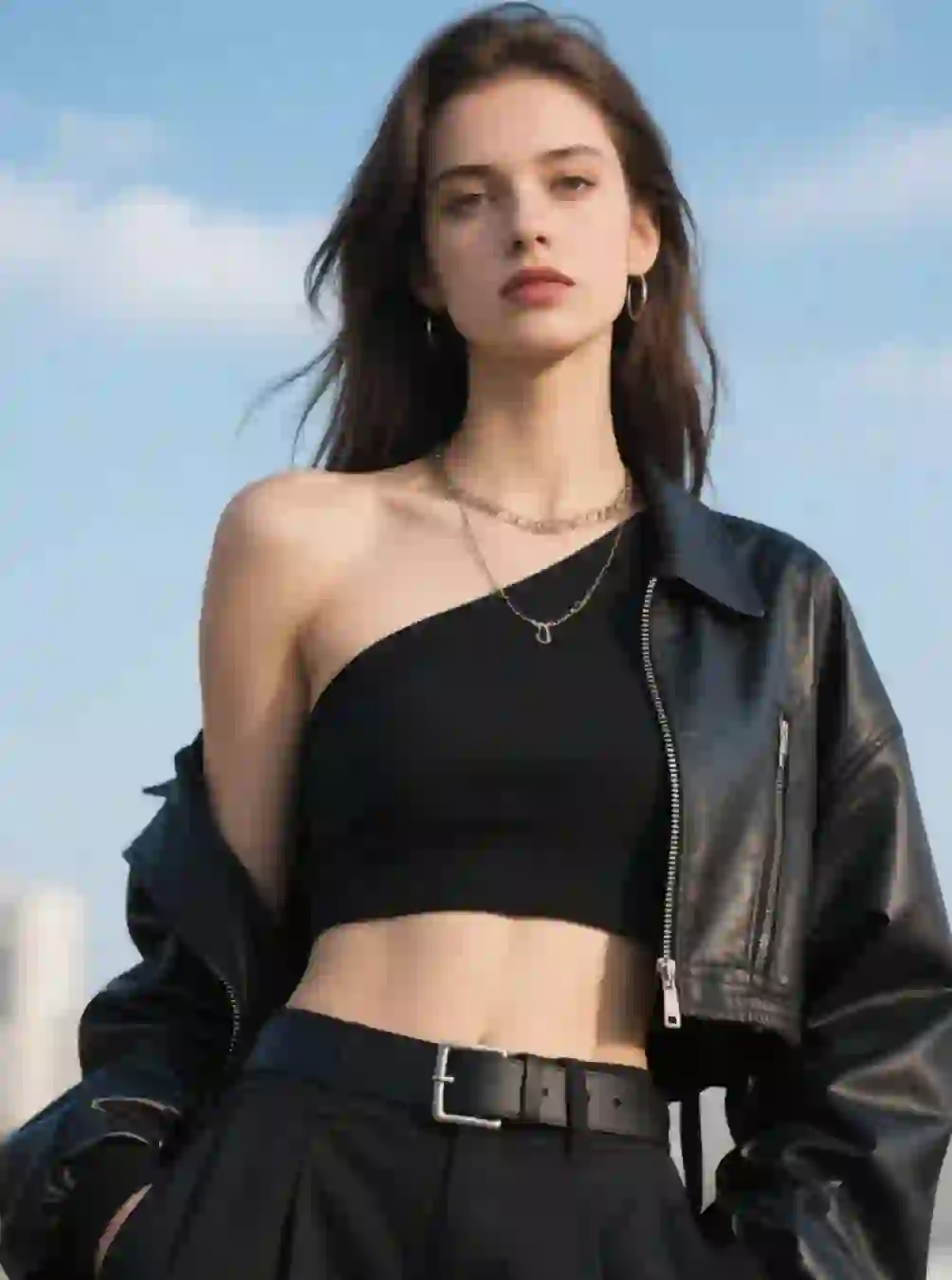 A black-haired woman wearing a black tank top, black leather jacket, and black pants poses outdoors beneath light blue sky.