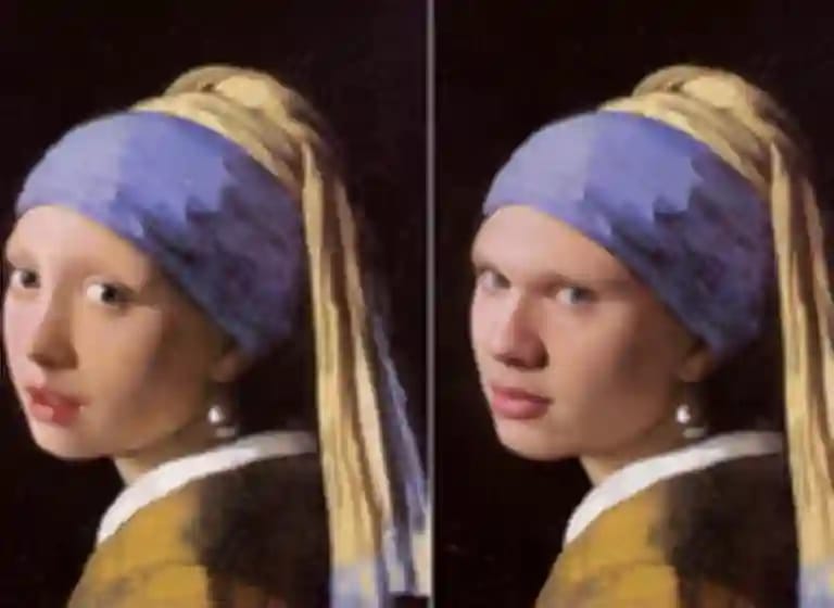Combined image demonstrating the Face Swap effect. Left: Classic oil painting "Girl with a Pearl Earring". Right: Face-swapped version of the painting showing the transformation result.