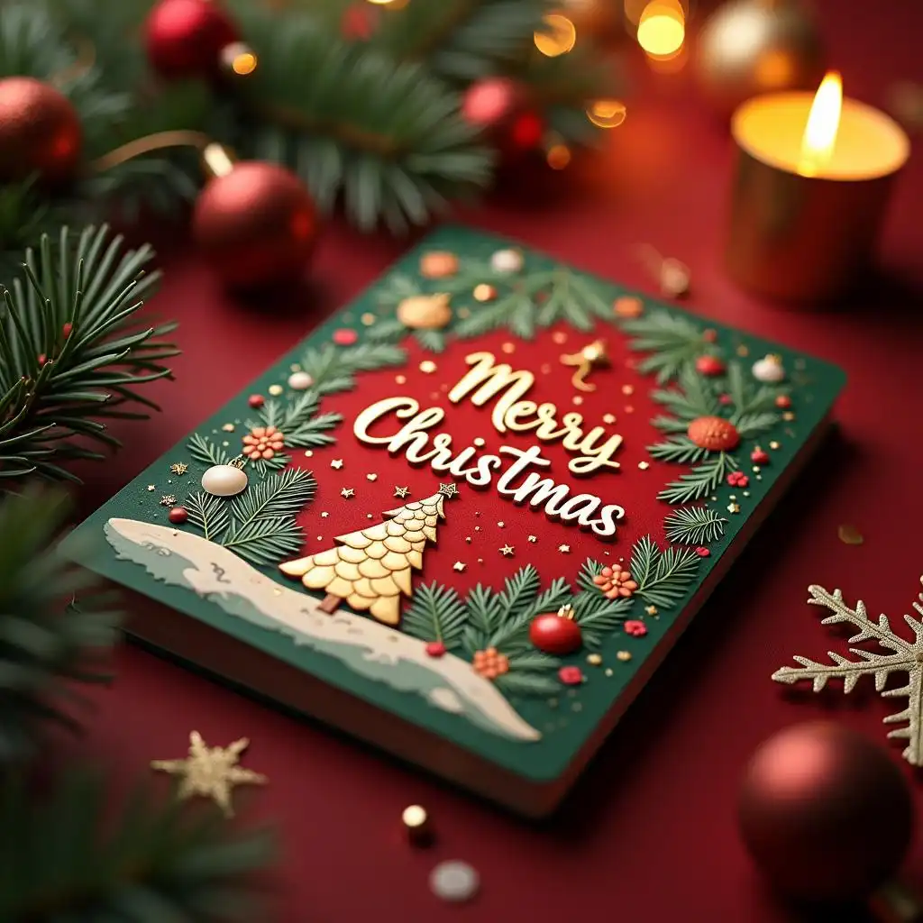 Featuring red, gold, and green Christmas card with snowflakes and Christmas tree decorations.