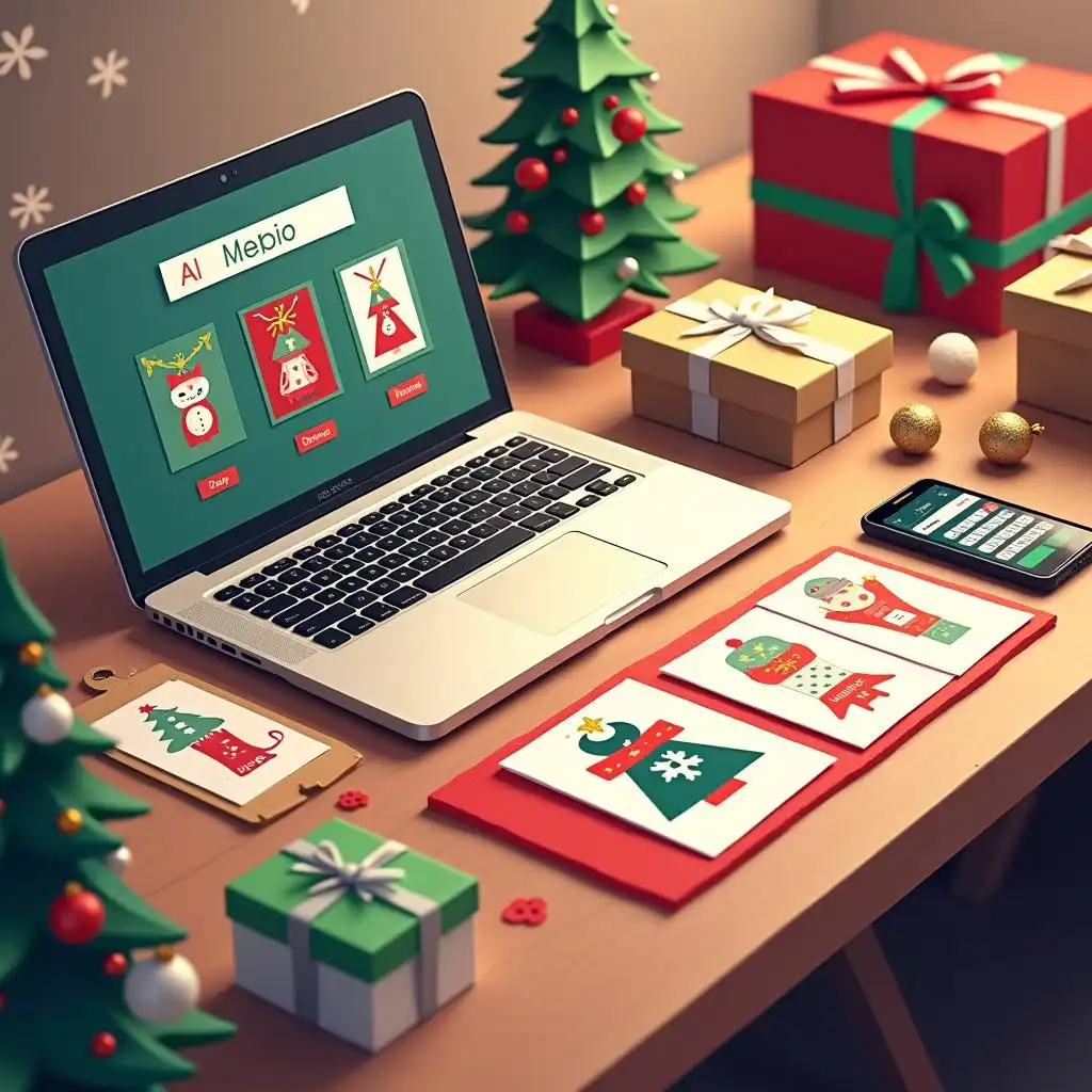 A laptop computer on the desk,display the interface of a Christmas card generator, which surrounded by beautifully designed greeting cards.