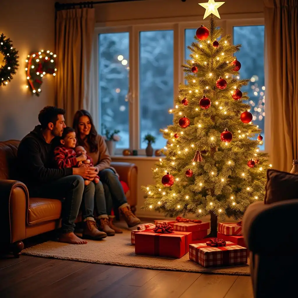 A Christmas tree with sparkling colored lights, wrapped gifts under the tree, snow-covered windows in the background, and a family sitting together in a cozy scene.