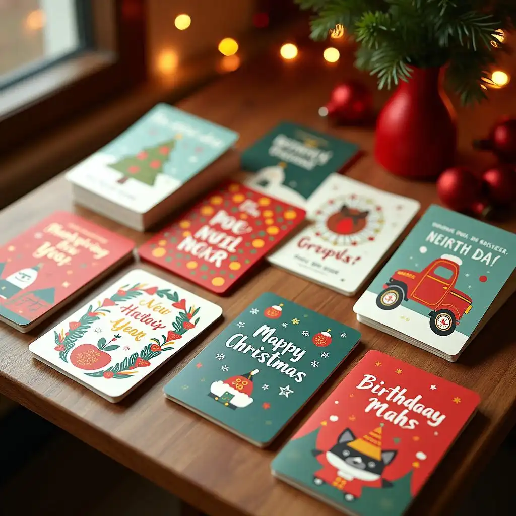 The wooden table was decorated with a variety of holiday cards for Christmas, New Year's, Thanksgiving, and birthday wishes.