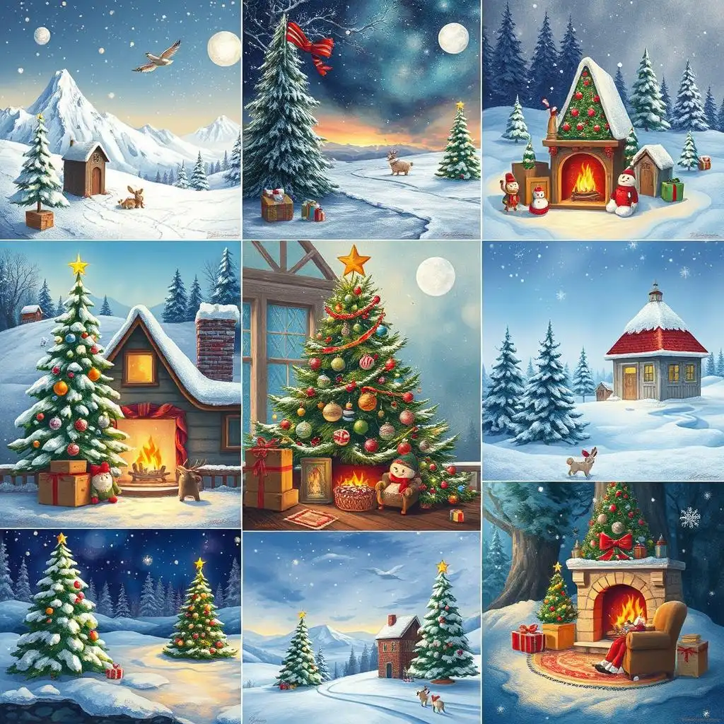 A collection of Christmas scenes in multiple artistic styles, featuring snow, Christmas trees, fireplaces and other elements.