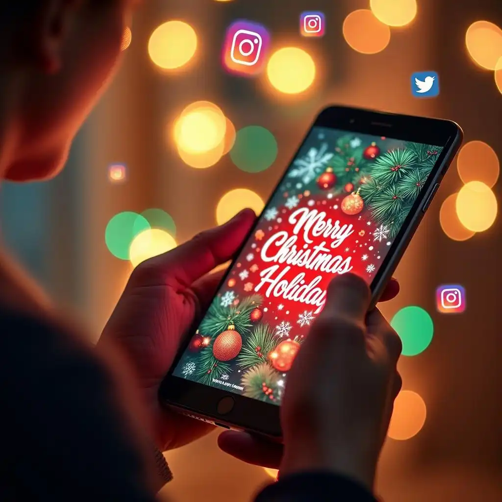 The character holds a smartphone,which displays a beautifully designed Christmas card with holiday wishes.