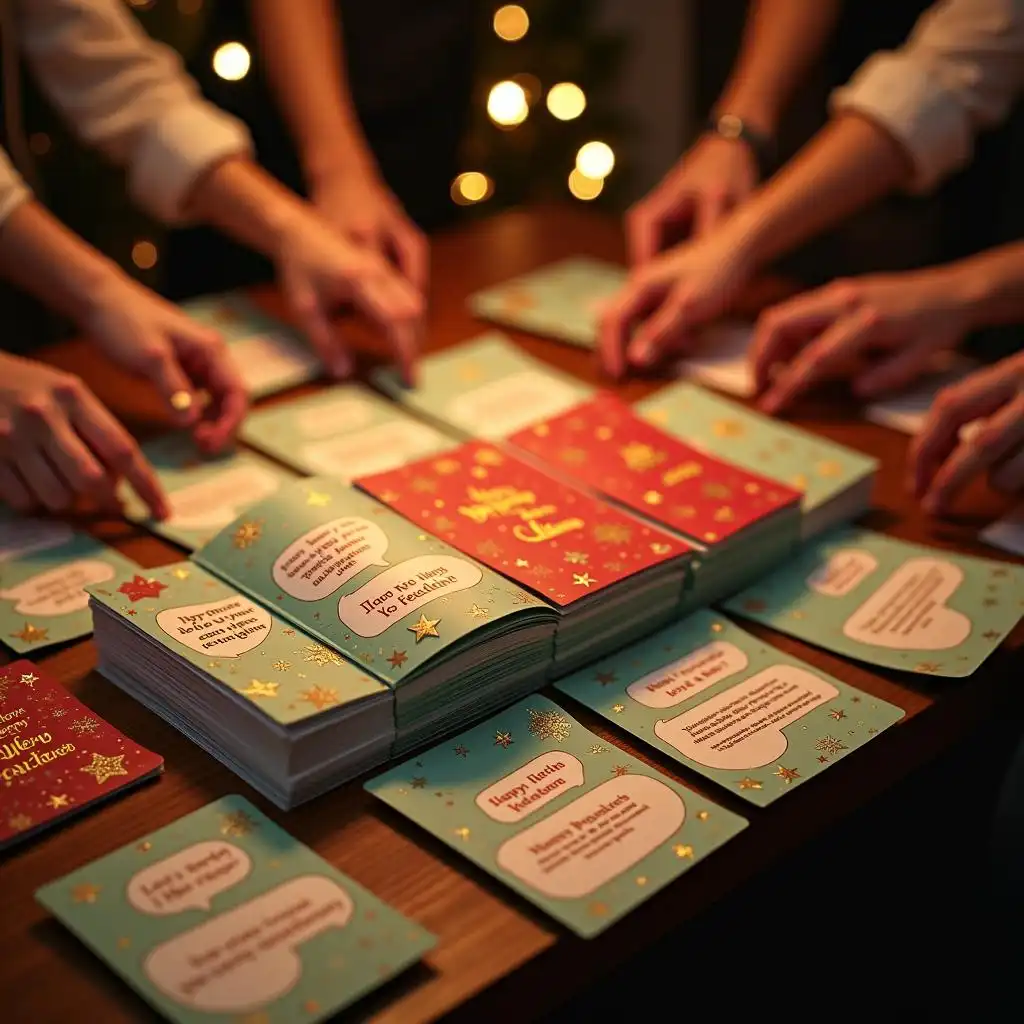 A stack of beautifully designed Christmas cards lay on the wooden desk, and multiple hands reaching for them indicated that the cards were popular with users.