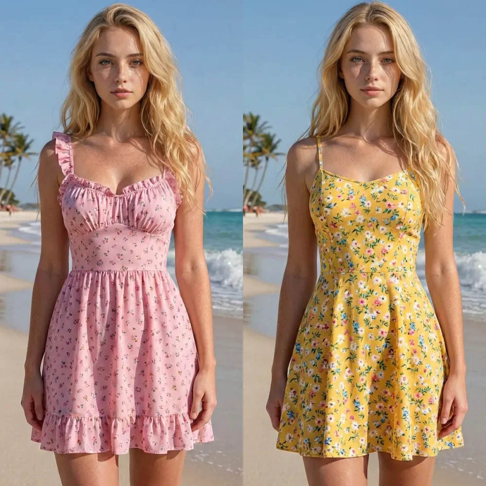 AI-generated image of a blonde woman in sleeveless pink floral dress standing by the beach.