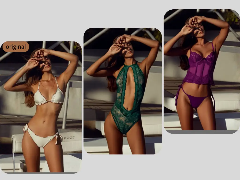 See one original photo styled into two sexy lingerie looks — one in green and one in purple — with our AI dress-up tool.