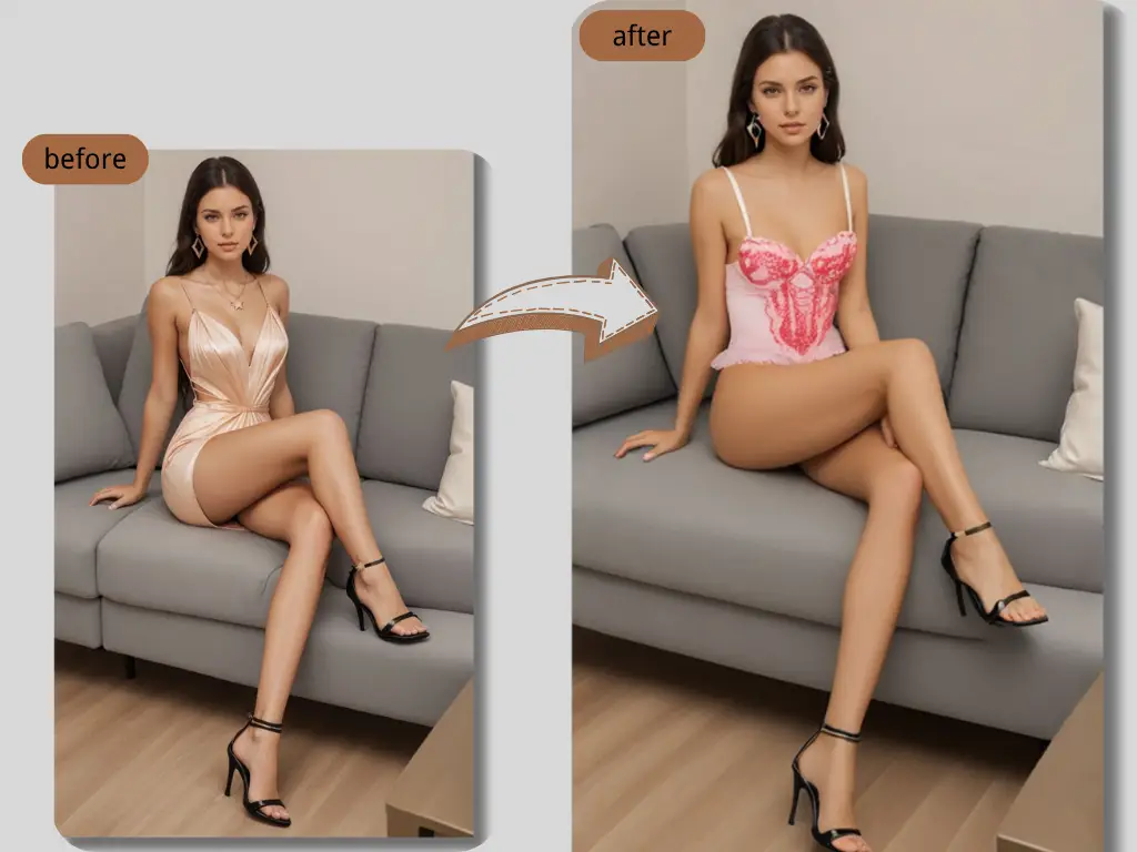 A silky peach mini dress is transformed into a pink lace corset-style lingerie set, showing the ai created adult babe dress up.