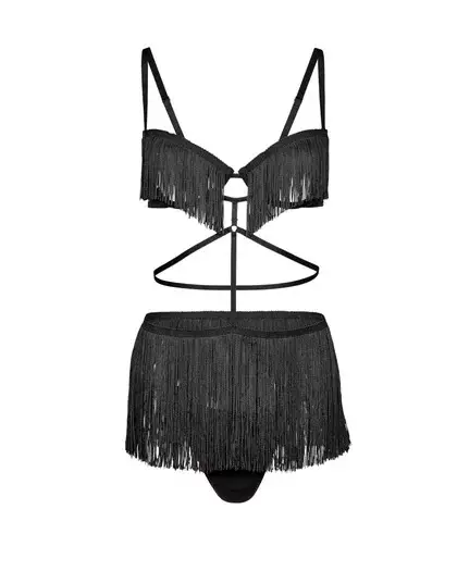 Dress maker AI look featuring a black fringe lingerie set with open front and skirt