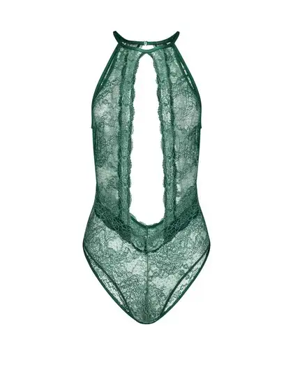AI dress changer bodysuit in emerald lace with halter neckline and open chest design