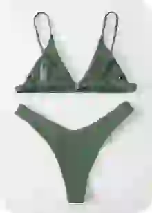 Olive green triangle thong bikini set with adjustable spaghetti straps. Template for clothes swap.
