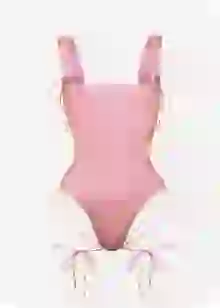 Pink square neck one-piece swimsuit with side tie details. Template for clothes swap.