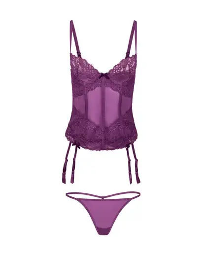Sexy dress AI fantasy corset in deep purple lace with thong and garter straps