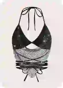 Black rhinestone mesh halter crop top with lace-up waist. Template for clothes swap.