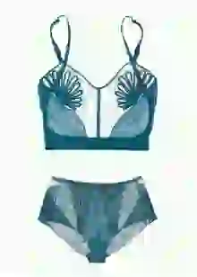 Teal blue sheer mesh lace bralette and high-waisted panty set. Template for clothes swap.