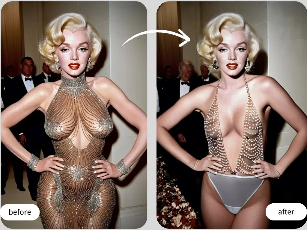 An iconic Marilyn Monroe look reimagined with AI — before and after sexy dress ai fantasy.