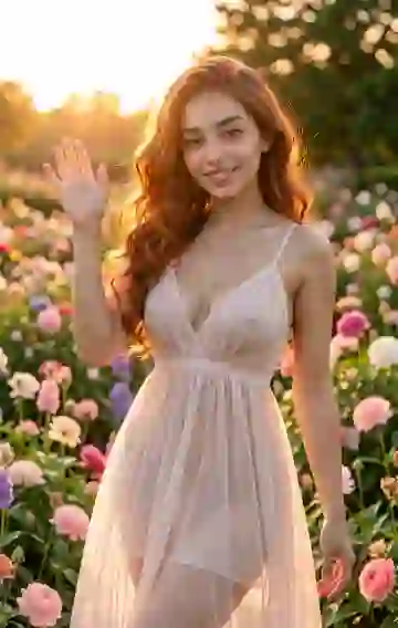 AI-generated photo of a beautiful woman in a white sheer sleeveless dress standing in a garden.