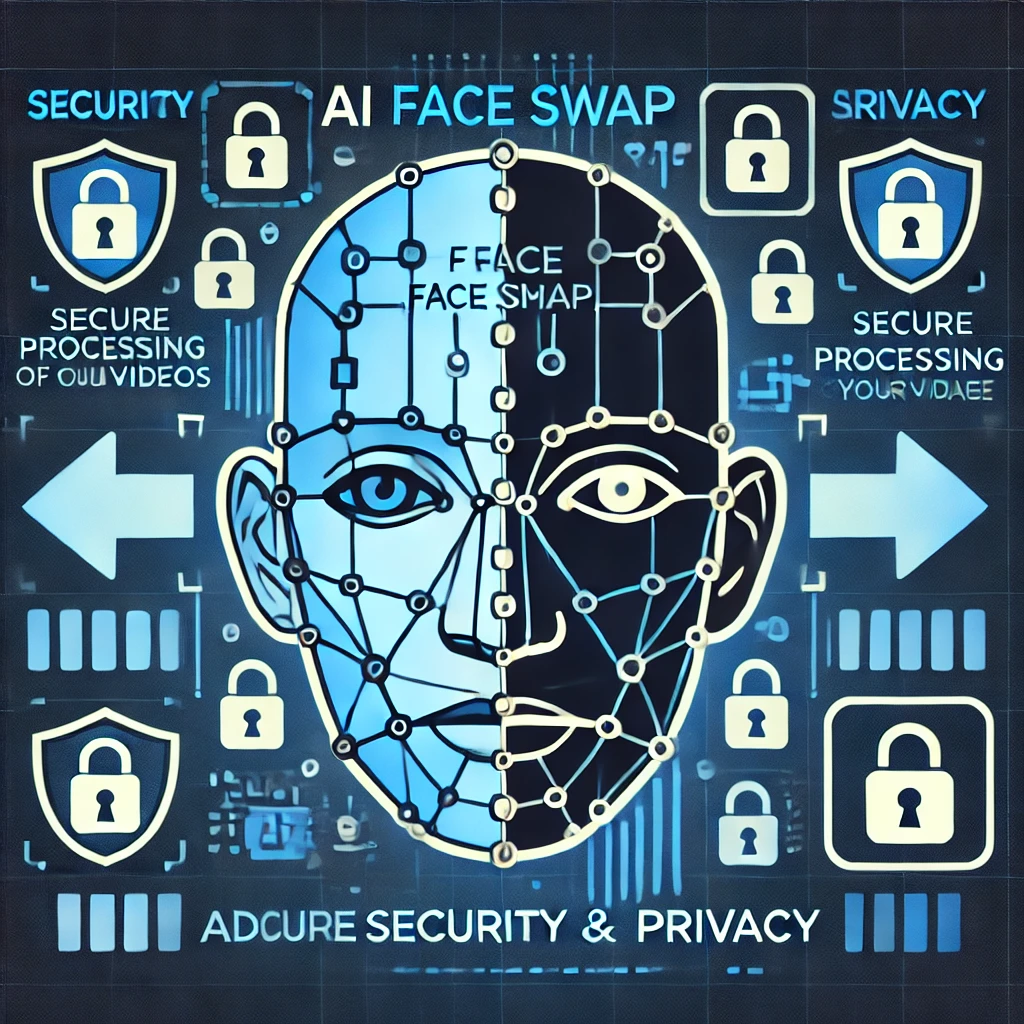 Een illustratie met een AI Face Swap -tool met een focus op geavanceerde beveiligings- en privacymaatregelen, met elementen zoals sloten, schilden en privacypictogrammen. Het ontwerp maakt gebruik van een blauw en zwart kleurenschema om de veilige en vertrouwelijke verwerking van video's en afbeeldingen te benadrukken.