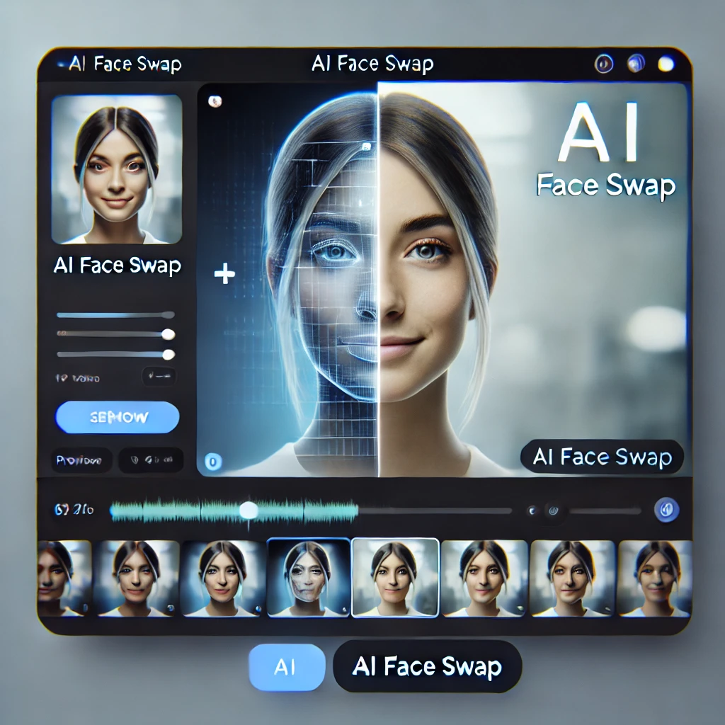 En slankt, moderne grænseflade, der viser et AI-værktøj, der udfører et ansigtsbytte i en video, designet med et blåt og sort farveskema, der understreger de teknologiske og brugervenlige aspekter af værktøjet.