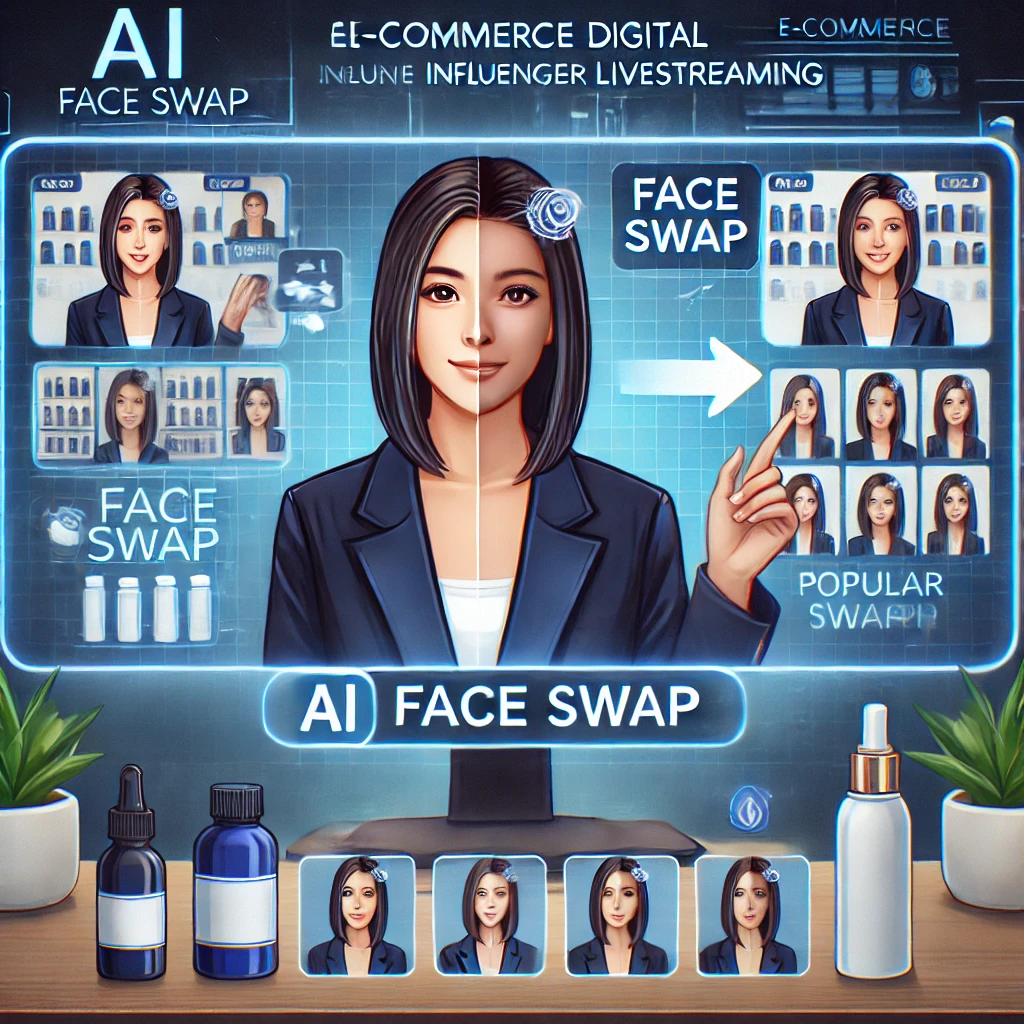 Een illustratie die het gebruik van AI Face Swap-technologie toont in e-commerce digitale influencer livestreaming, die een virtuele persona weergeeft die producten presenteert in een live-uitzending met gezichtswaps met populaire influencer-ID's. De afbeelding benadrukt de boeiende en dynamische verkoopervaring die door deze technologie is gecreëerd, met behulp van een professioneel blauw en zwart kleurenschema.