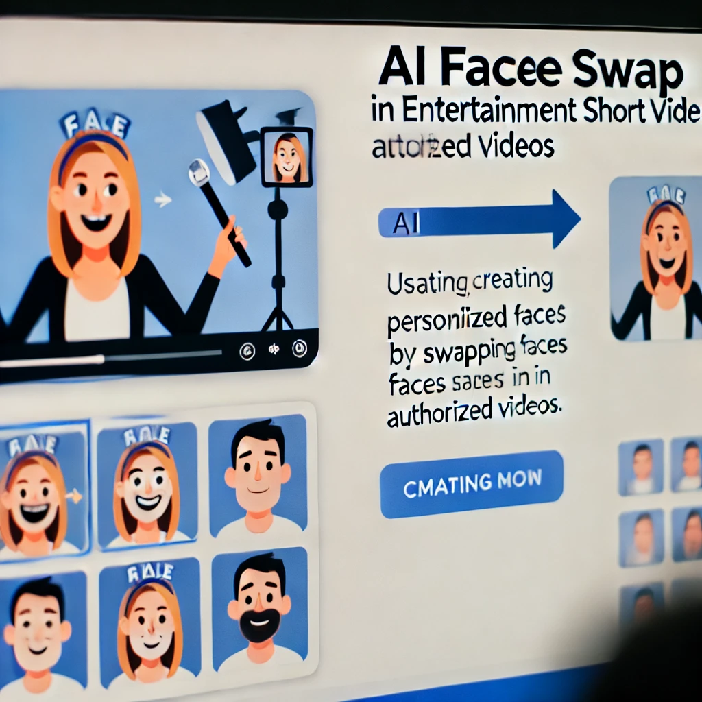 Een illustratie die het gebruik van een AI Face Swap -tool toont in de productie van entertainment korte videoproductie, waarbij gebruikers leuke en gepersonaliseerde inhoud afbeelden door gezichten in geautoriseerde video's te ruilen. De afbeelding benadrukt hoe de tool de betrokkenheid en interactie in korte video's verbetert, met behulp van een speels maar professioneel blauw en zwart kleurenschema.