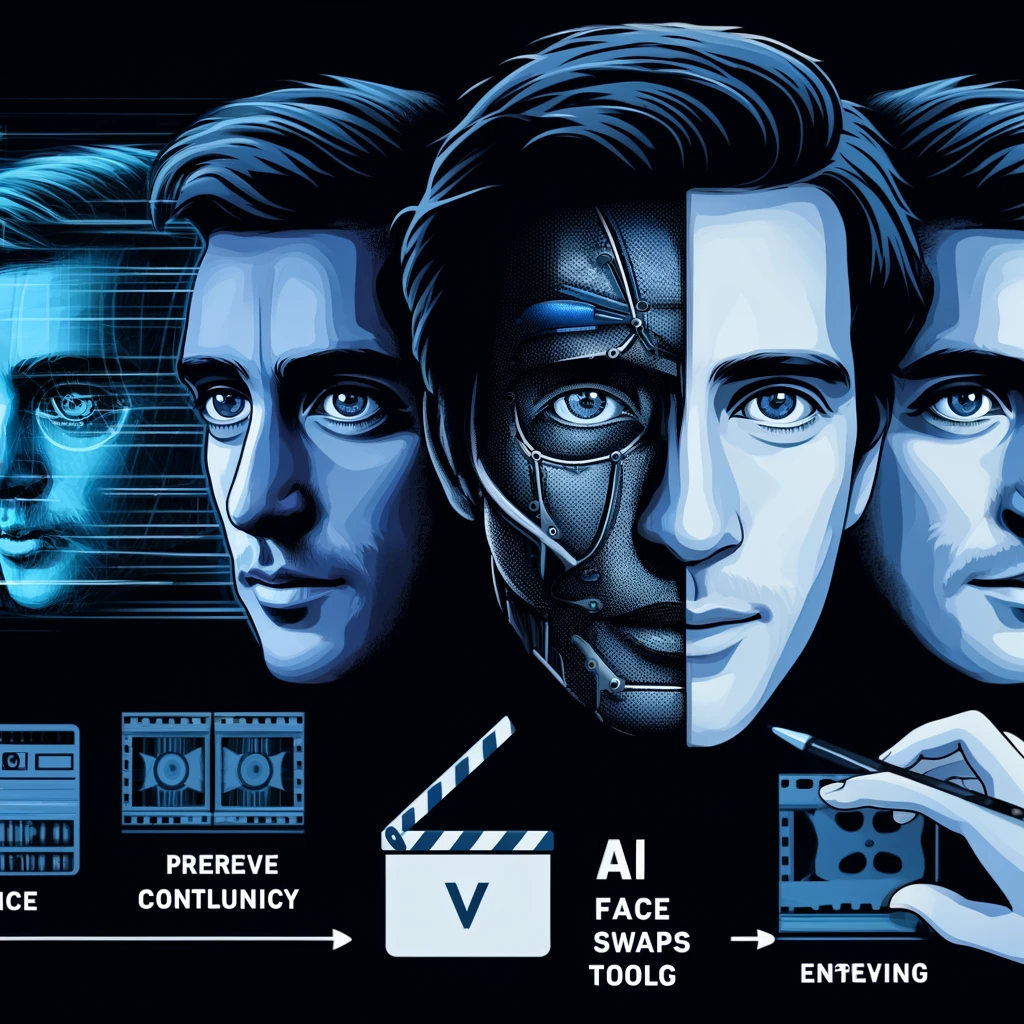 Una ilustración que muestra el uso de una herramienta de intercambio de caras de IA en la postproducción de cine y televisión, que representa la integración perfecta de la cara de un nuevo actor en las imágenes existentes. La imagen enfatiza cómo esta tecnología conserva la continuidad y mejora la calidad del producto final, utilizando un esquema de color azul y negro.