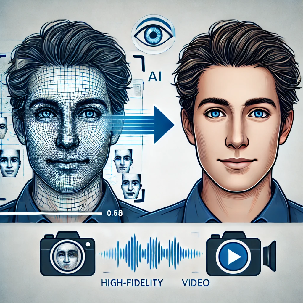 A detailed illustration showing a video with two faces being swapped using AI technology, focusing on the high-fidelity and seamless blending of the faces into the video, with a professional blue and black color scheme emphasizing the advanced technology.