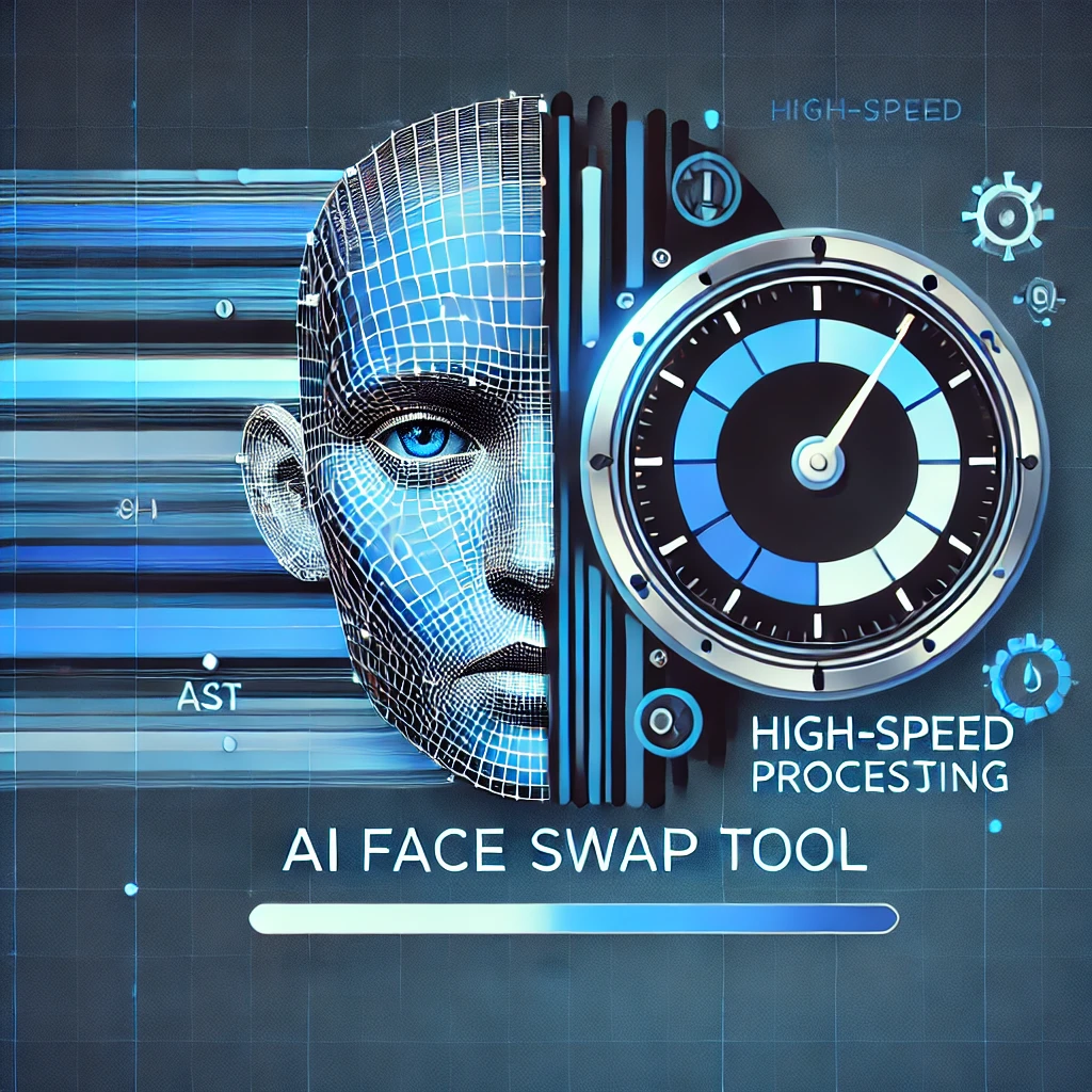 Uma ilustração mostrando uma ferramenta de troca de face AI com foco no processamento de alta velocidade, com elementos visuais como barras de progresso em movimento rápido ou uma velocidade de relógio simbolizando. O design enfatiza a rápida reviravolta e a eficiência sem comprometer a qualidade, usando um esquema de cores azul e preto.