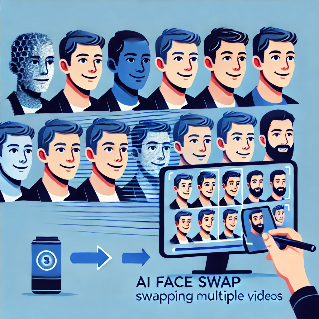 Une illustration montrant un outil d'échange de visages AI échangeant plusieurs faces dans une seule vidéo, avec différents faces échangées simultanément. L'image met en évidence la capacité de l'outil à gérer plusieurs visages dans des photos de groupe, des événements ou des projets créatifs, en utilisant une palette de couleurs bleue et noire.