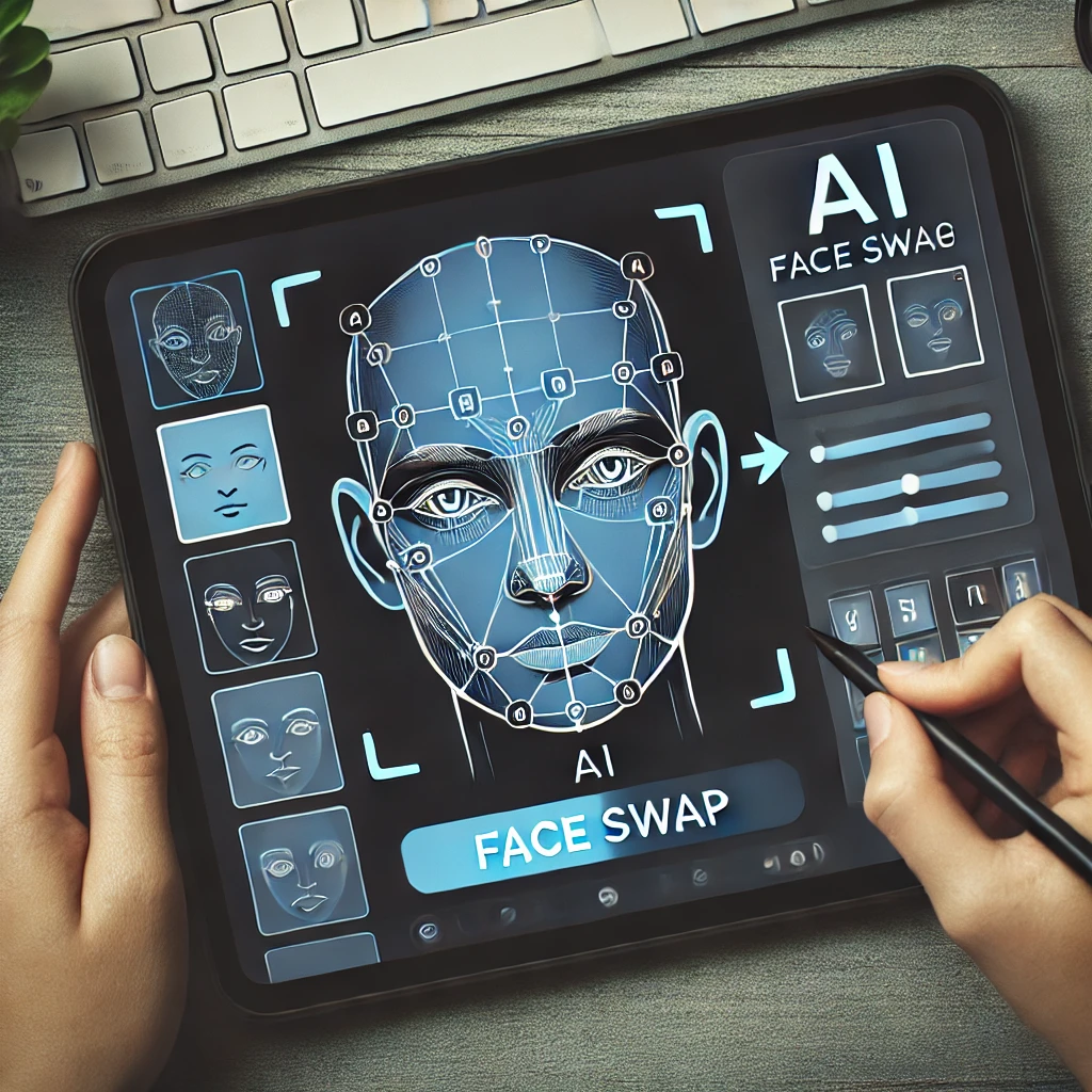 Uma ilustração mostrando uma interface amigável de uma ferramenta de troca de face AI, com elementos de design intuitivos e fáceis de navegar. A imagem destaca a simplicidade e a acessibilidade da ferramenta, tornando -a adequada para usuários de todos os níveis técnicos, usando um esquema de cores azul e preto para enfatizar a criatividade e a facilidade de uso.