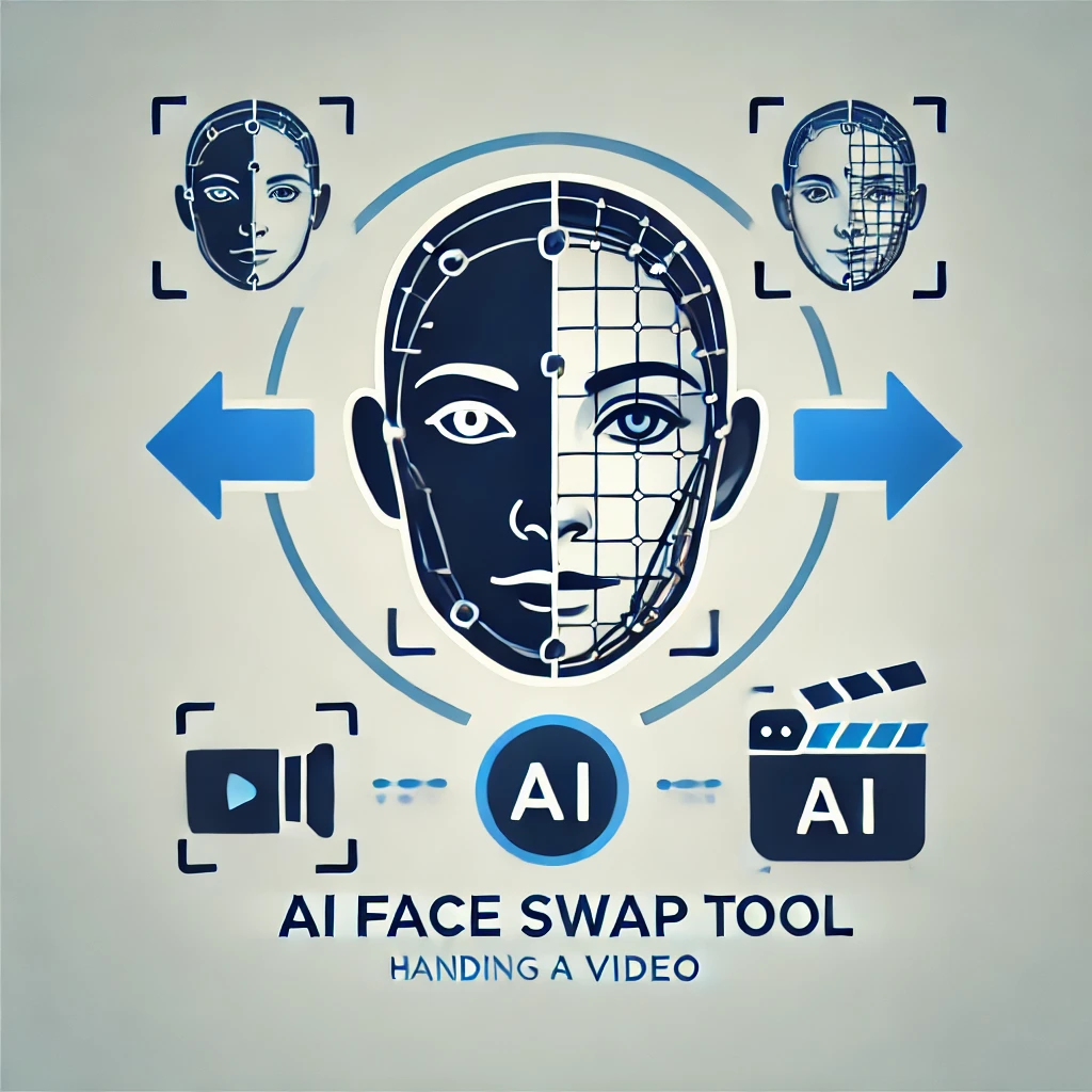 En illustration, der viser et AI Face Swap -værktøjshåndteringsflader i forskellige vinkler i en video, der opretholder et realistisk og stabilt swap, selv når ansigtet vippes eller placeres forskelligt, fremhæves i et blåt og sort farveskema.