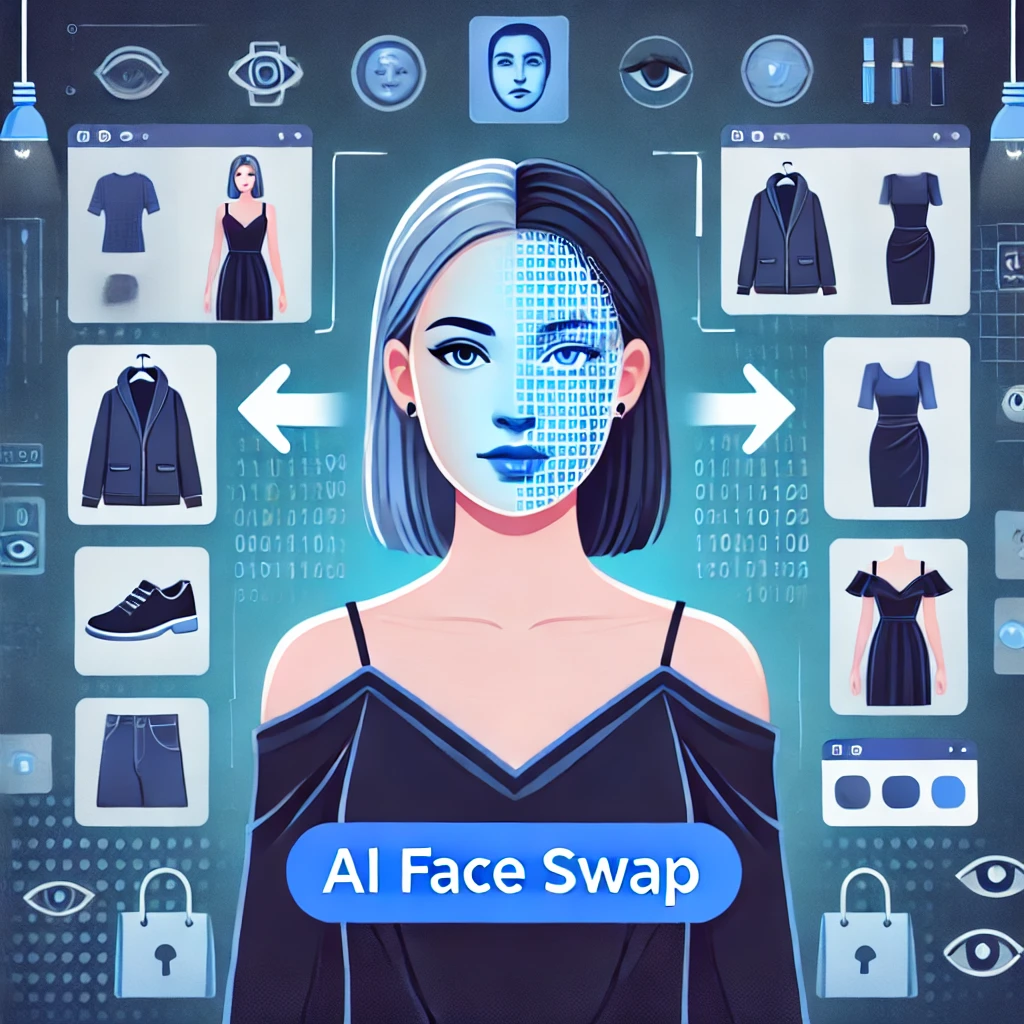 An illustration showing the use of an AI face swap tool for virtual try-ons in fashion and photography, depicting a user virtually trying on different outfits, makeup, or accessories. The image highlights the tool's ability to provide a convenient and immersive shopping experience, using a modern and stylish blue and black color scheme.