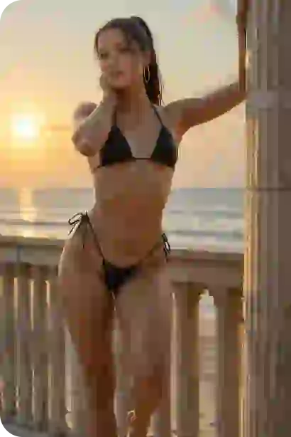 AI-generated portrait of a woman in black bikini posing by a column on the beach.