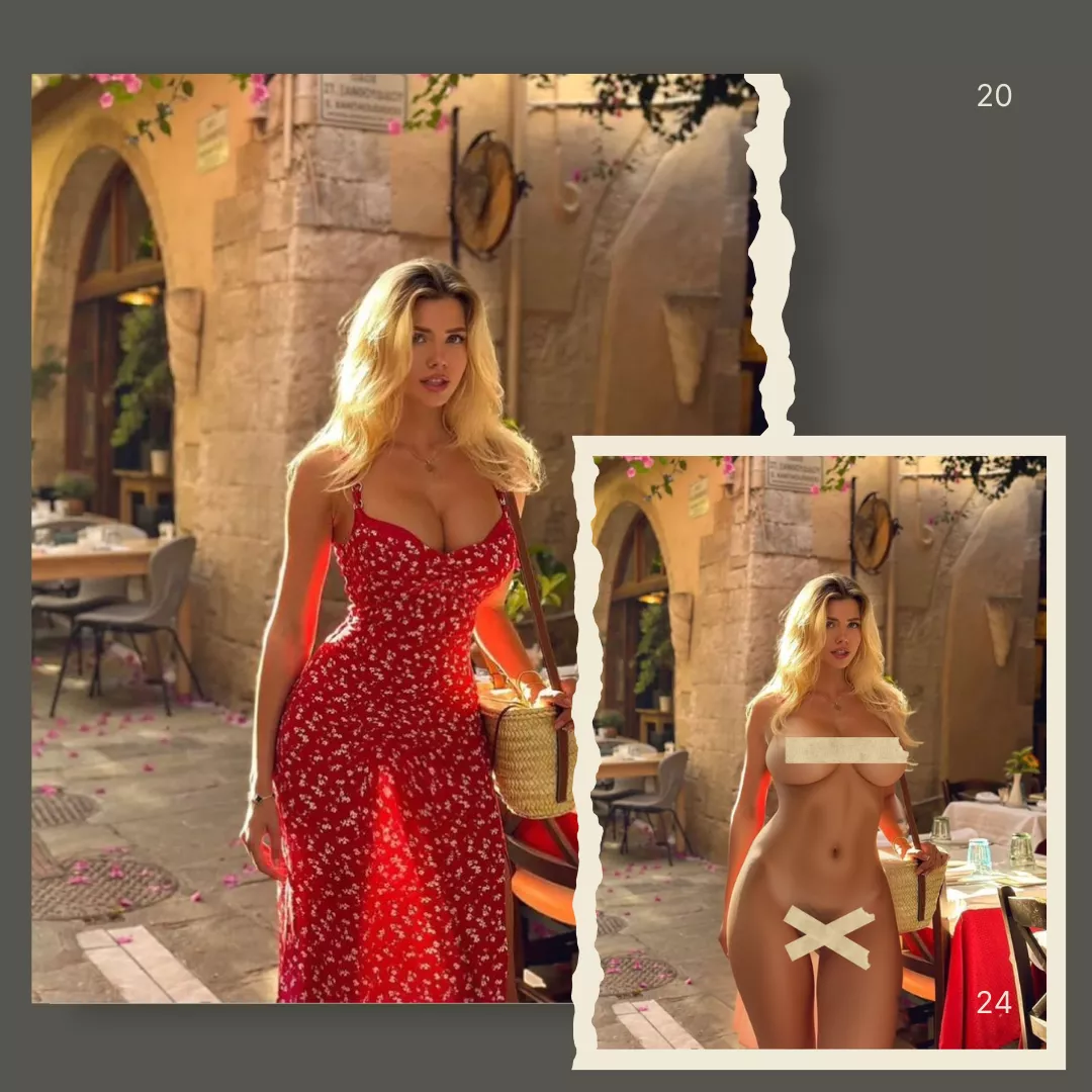 قماش واقعي قبل وبعد لامرأة ترتدي فستانًا أحمر فرنسيًا.