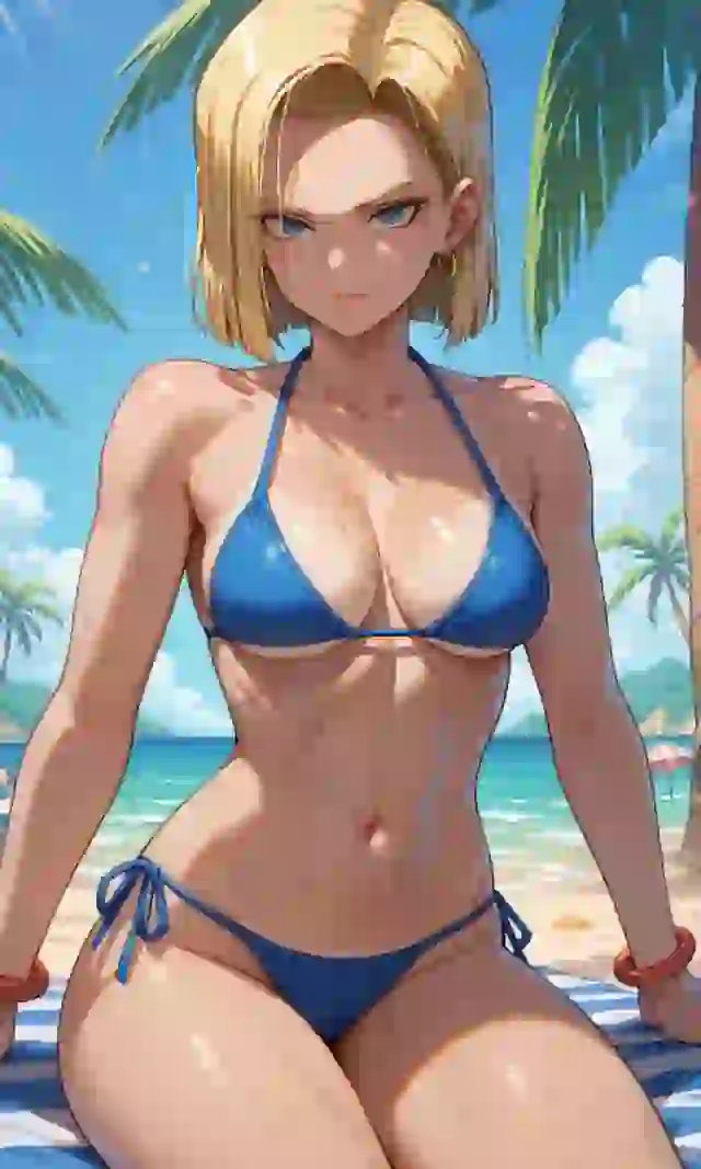 Dragon ball style, anime female character with blonde hair in blue bikini posing on the beach with determined expression.
