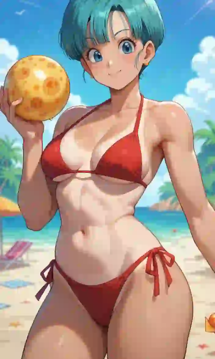 Dragon ball style, anime female character with blue short hair in red bikini posing with an orange ball in her hand.