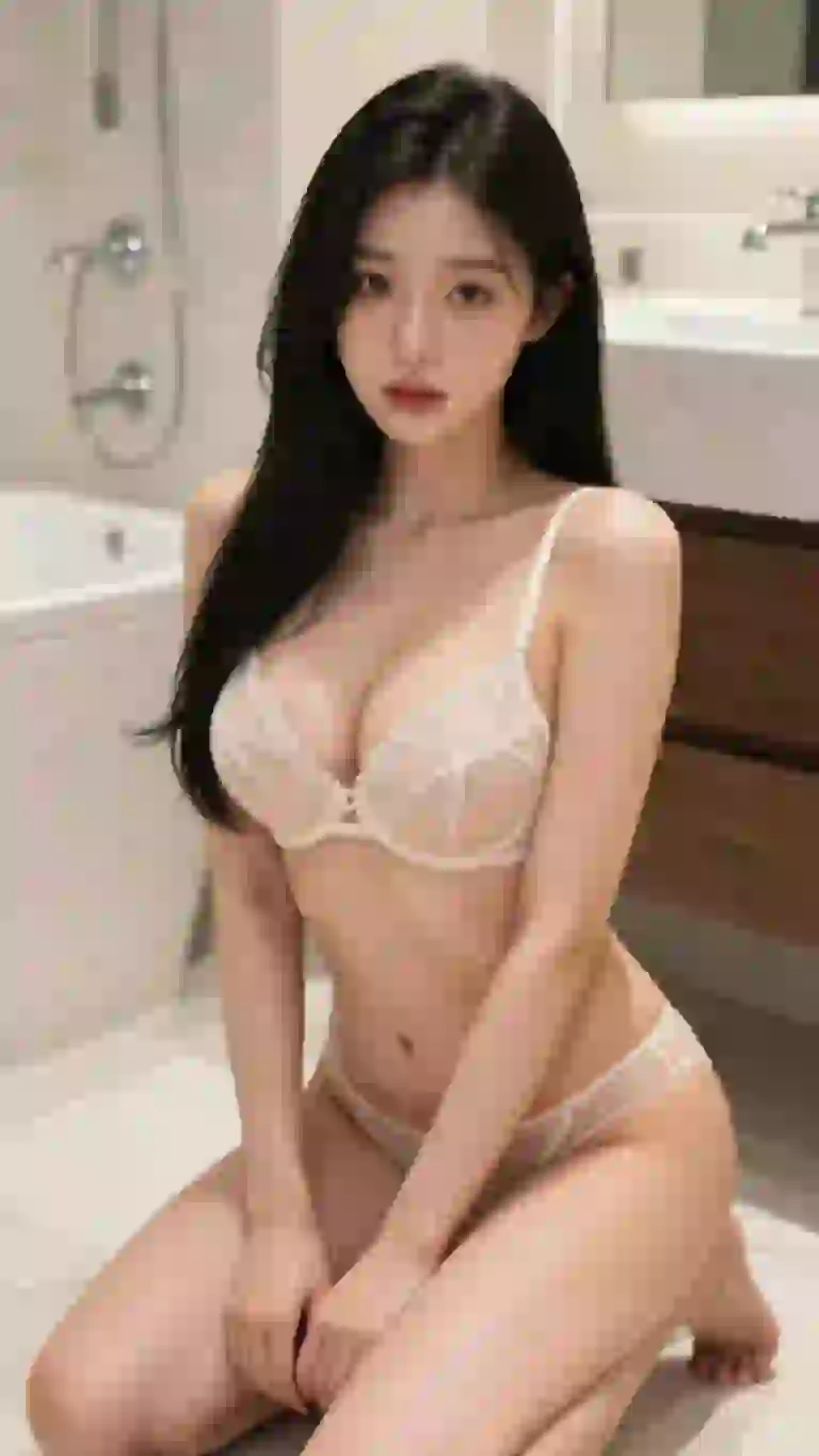 Asian woman in beige lingerie posing in a bathroom.