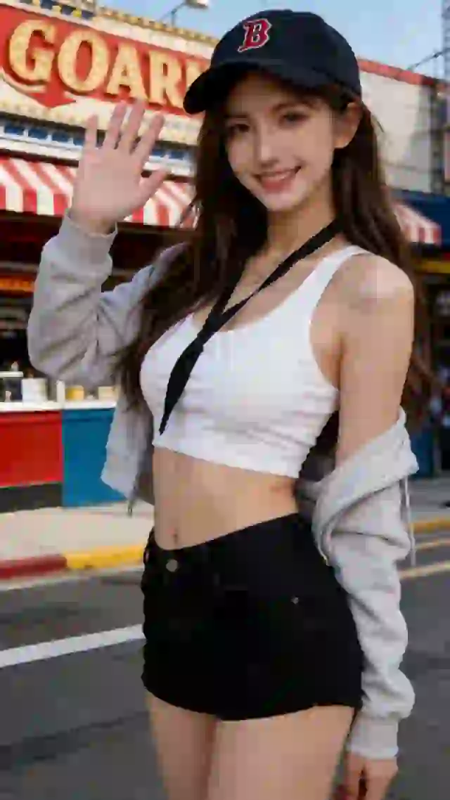 Asian woman in casual street wear waving at the viewers.