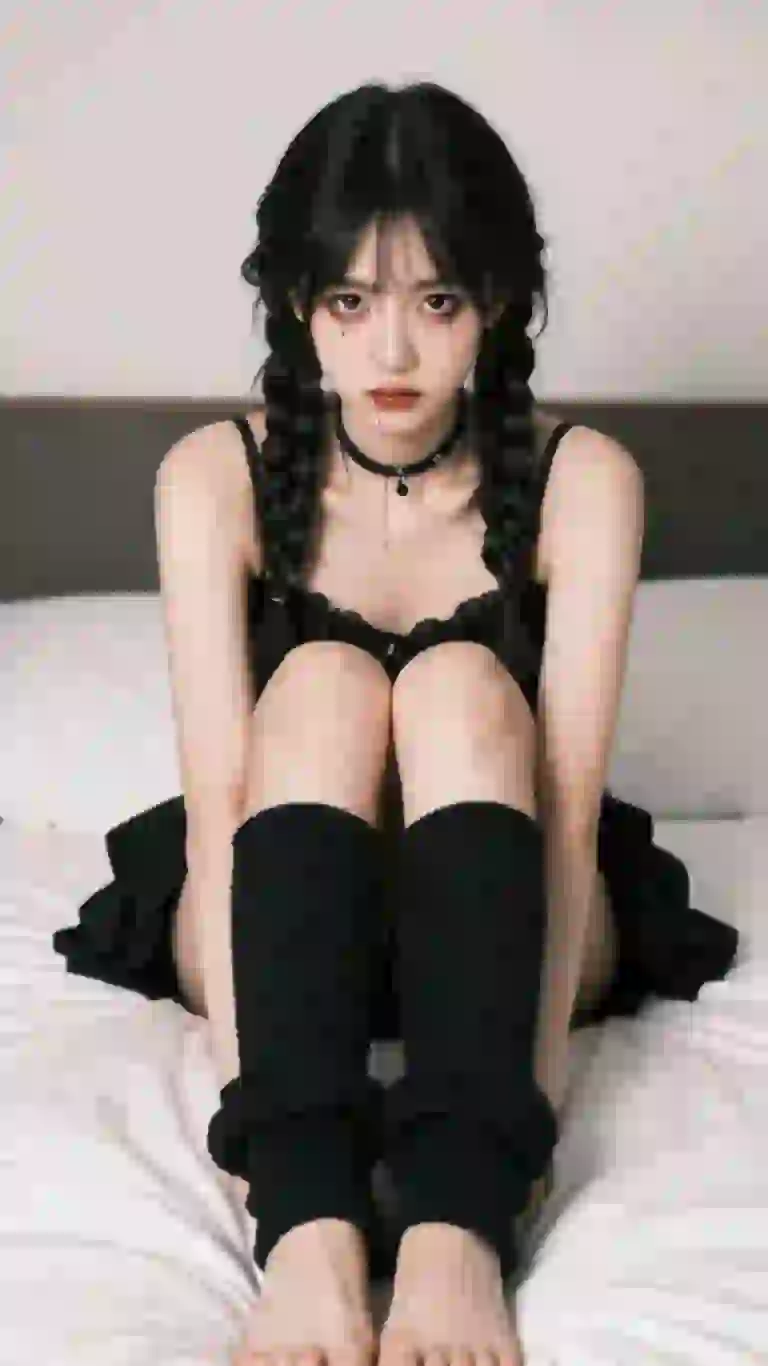 Asian woman with braids in black outfit posing on bed.