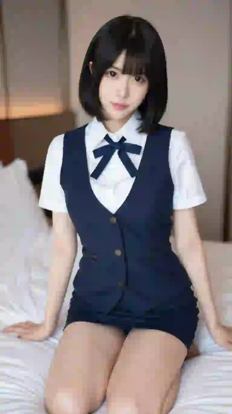 Asian woman with short hair in office outfit posing on bed.