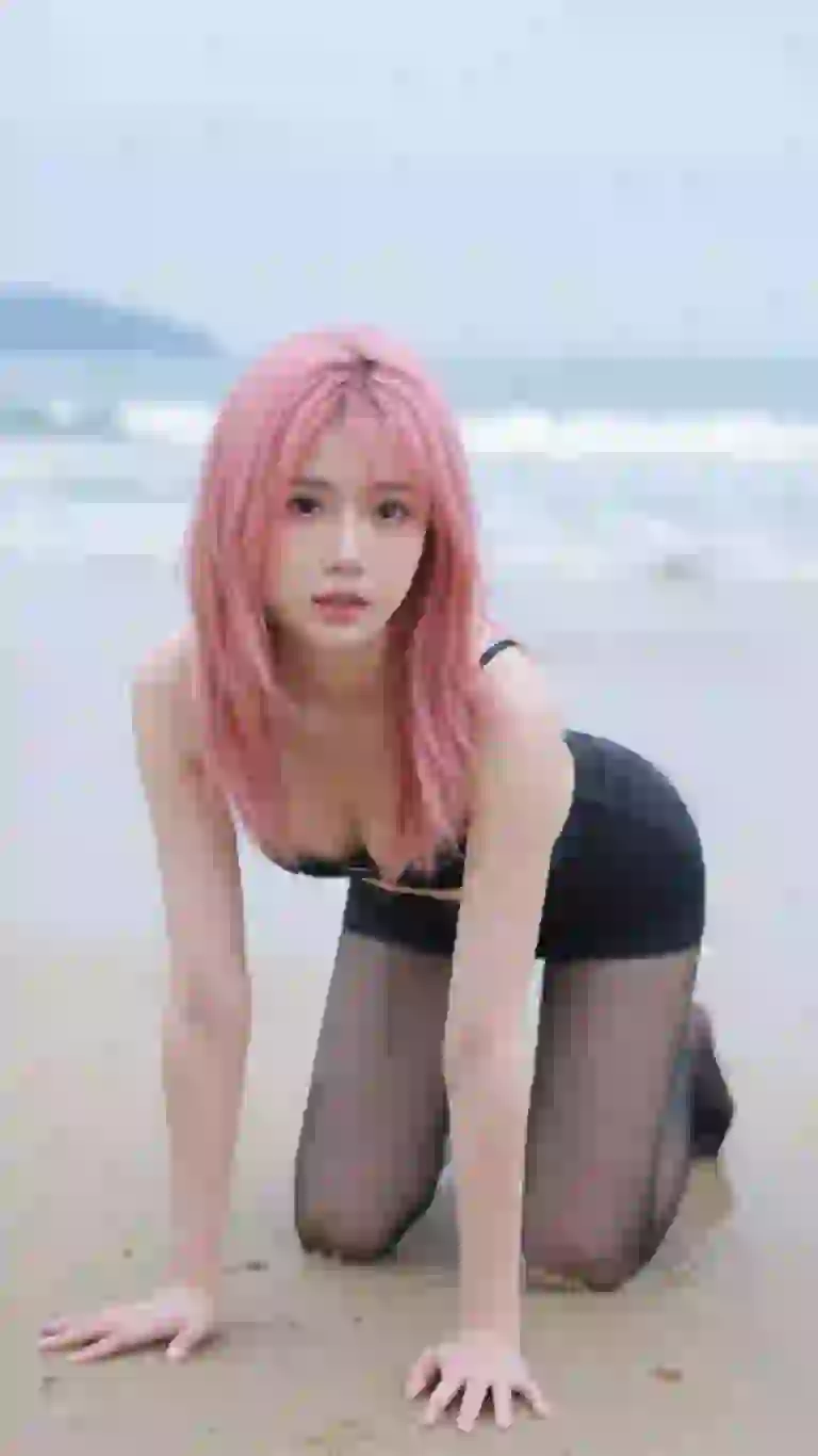 Asian woman with pink hair in black outfit kneeling in doggy position on the beach.