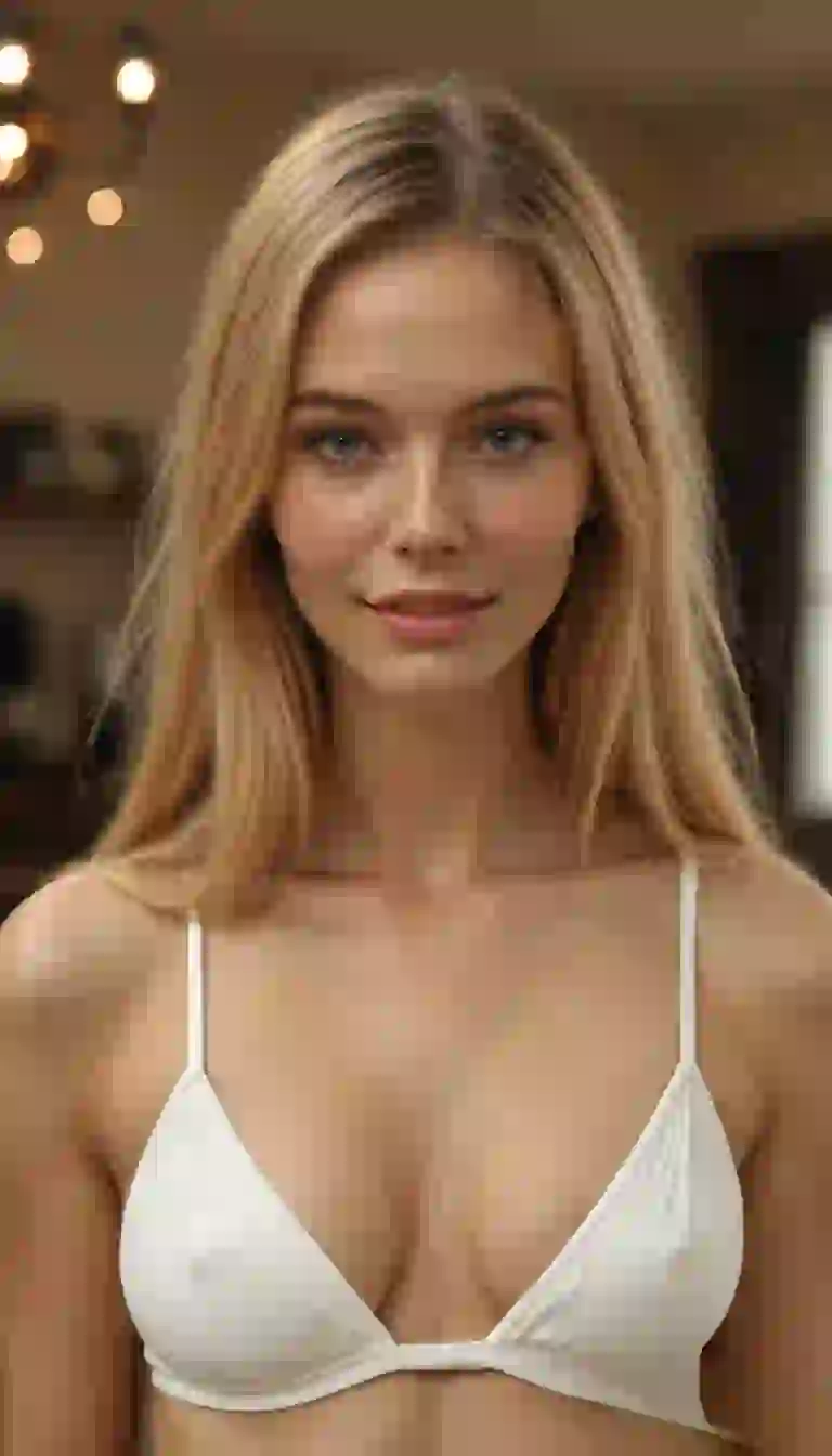 Blonde woman in white bikini posing indoors.