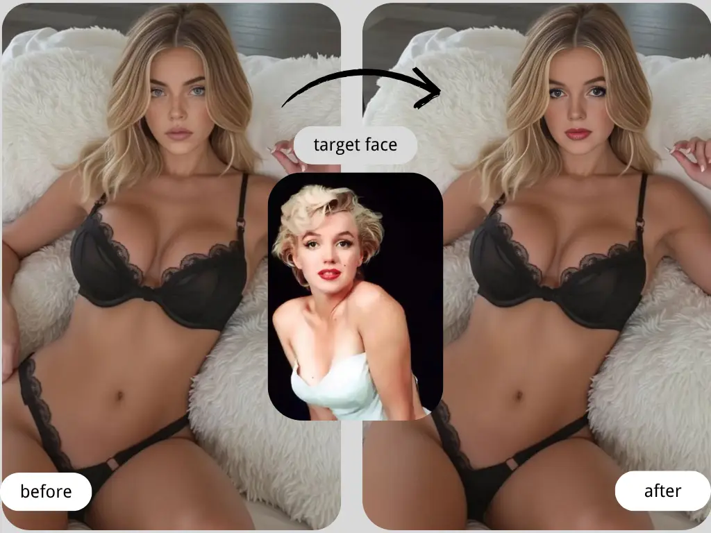 Wearing black lace lingerie, the model’s face is replaced with a classic Hollywood icon Marilyn Monroe, creating a fantasy nsfw face swapping effect.