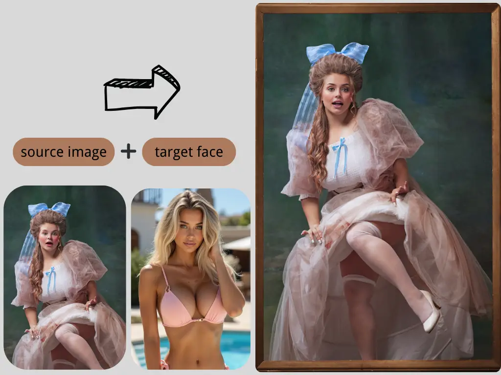 A classic oil painting portrait in Victorian-style dress is replaced with the face of modern beauty, using nsfw face swap.