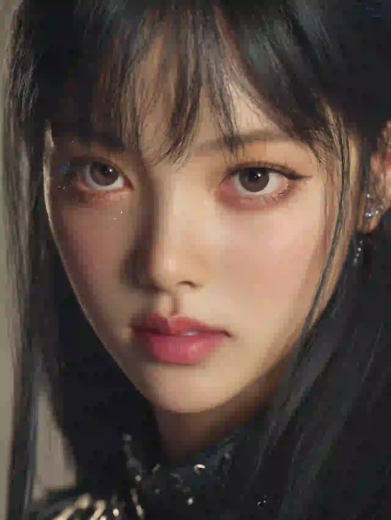 Asian woman with straight bangs and K-beauty style. Template for photo face swap.